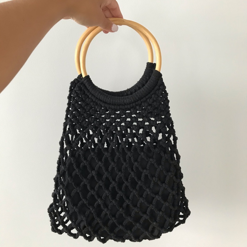 Topshop Woven Bag Wooden Handles black